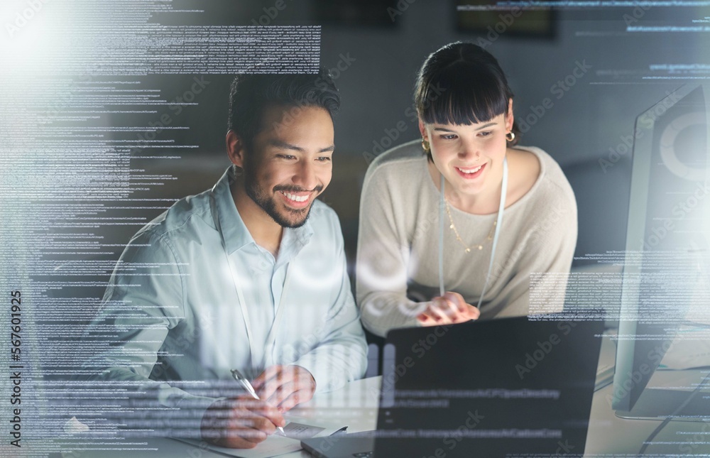 Poster business people, code with partnership and information technology with laptop for coding, collaborat