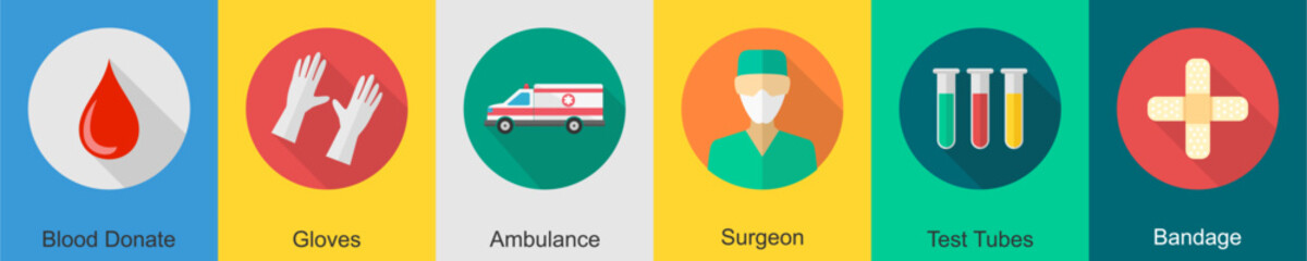A set of 6 Medical icons as blood donate, gloves, ambulance © popcornarts