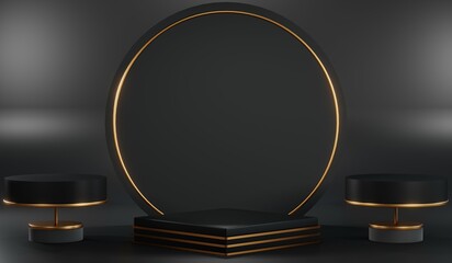 3d render of abstract realistic studio room with Luxury round pedestal stand podium with golden glitter in shape backdrop. Luxury black friday sale scene for product display presentation background
