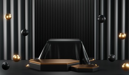 3d render of abstract realistic studio room with Luxury round pedestal stand podium with golden glitter in shape backdrop. Luxury black friday sale scene for product display presentation background