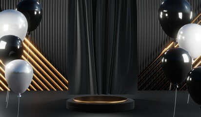 3d render of abstract realistic studio room with Luxury round pedestal stand podium with golden glitter in shape backdrop. Luxury black friday sale scene for product display presentation background