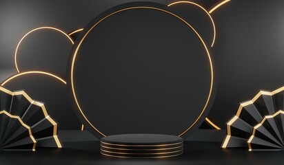 3d render of abstract realistic studio room with Luxury round pedestal stand podium with golden glitter in shape backdrop. Luxury black friday sale scene for product display presentation background