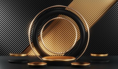 3d render of abstract realistic studio room with Luxury round pedestal stand podium with golden glitter in shape backdrop. Luxury black friday sale scene for product display presentation background