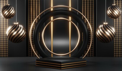 3d render of abstract realistic studio room with Luxury round pedestal stand podium with golden glitter in shape backdrop. Luxury black friday sale scene for product display presentation background
