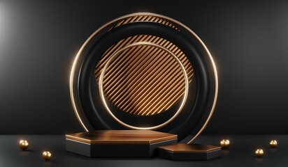 3d render of abstract realistic studio room with Luxury round pedestal stand podium with golden glitter in shape backdrop. Luxury black friday sale scene for product display presentation background