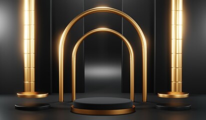 3d render of abstract realistic studio room with Luxury round pedestal stand podium with golden glitter in shape backdrop. Luxury black friday sale scene for product display presentation background