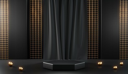 3d render of abstract realistic studio room with Luxury round pedestal stand podium with golden glitter in shape backdrop. Luxury black friday sale scene for product display presentation background