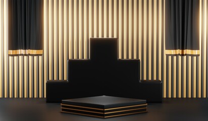 3d render of abstract realistic studio room with Luxury round pedestal stand podium with golden glitter in shape backdrop. Luxury black friday sale scene for product display presentation background