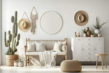 Wall mock up in white simple interior with wooden furniture, Scandi-Boho style, Generative AI