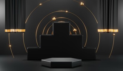3d render of abstract realistic studio room with Luxury round pedestal stand podium with golden glitter in shape backdrop. Luxury black friday sale scene for product display presentation background