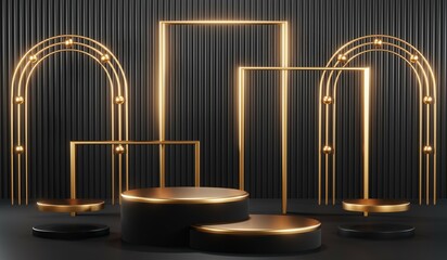 Obraz premium 3d render of abstract realistic studio room with Luxury round pedestal stand podium with golden glitter in shape backdrop. Luxury black friday sale scene for product display presentation background