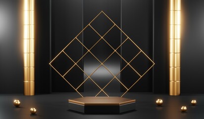 3d render of abstract realistic studio room with Luxury round pedestal stand podium with golden glitter in shape backdrop. Luxury black friday sale scene for product display presentation background