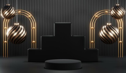 3d render of abstract realistic studio room with Luxury round pedestal stand podium with golden glitter in shape backdrop. Luxury black friday sale scene for product display presentation background