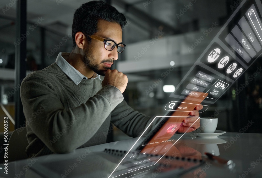 Poster overlay, night and businessman reading on a tablet, website research and digital marketing online. d