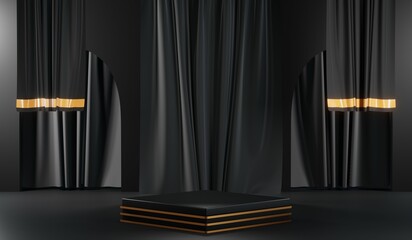 3d render of abstract realistic studio room with Luxury round pedestal stand podium with golden glitter in shape backdrop. Luxury black friday sale scene for product display presentation background