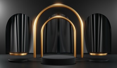 3d render of abstract realistic studio room with Luxury round pedestal stand podium with golden glitter in shape backdrop. Luxury black friday sale scene for product display presentation background