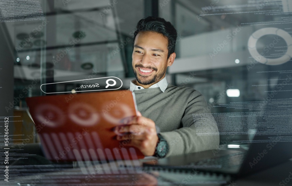 Poster Night, overlay and businessman with a tablet for internet, web design and online search in office. Digital, smile and Asian employee reading information on a website with tech during overtime in dark