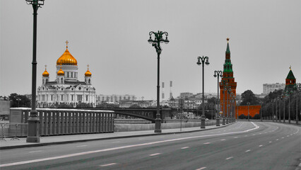 Moscow. The Kremlin and the Cathedral of Christ the Savior. An empty, deserted city.