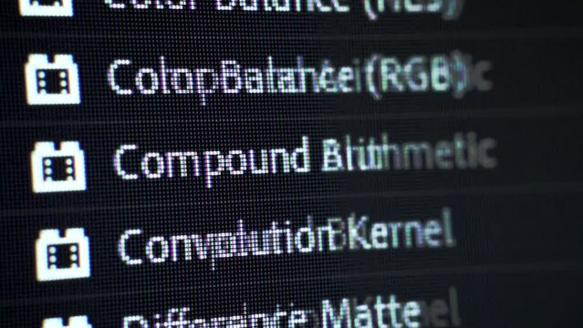 Video editing. Browsing through effect library. Screen close up