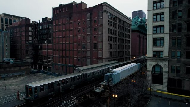 Chicago Elevated Subway Train Traveling Through Downtown Loop In The Evening Drone.