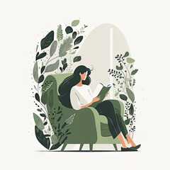 A woman reading a book in a cozy armchair illustration Generative AI