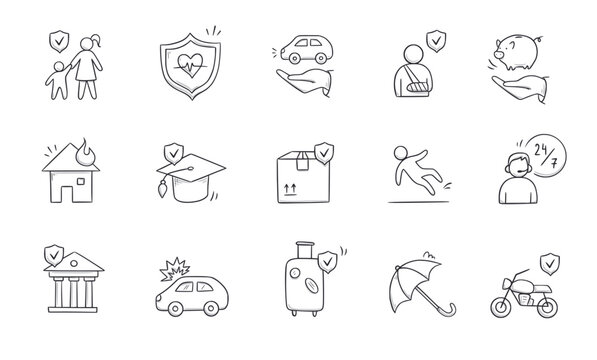 Insurance doodle icon set. Hand drawn sketch life shield, insurance umbrella, medical safety icon set. Health safety, car accident, house protect vector illustration.