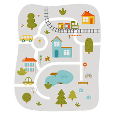 Cute town map for kids room. Landscape with lot details. Vector illustration