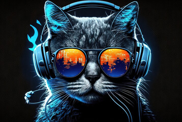 Cool neon party dj cat in headphones and sunglasses, generative ai