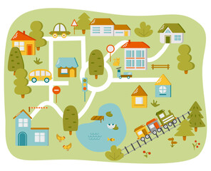 Cute town map for kids room. Landscape with lot details. Vector illustration