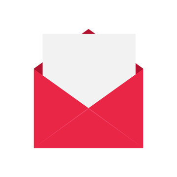 Vector image, icon of a red envelope and a sheet of paper in it, isolated, close-up, on a white background. For designing websites, printing postcards, notepads and invitations. Graphic design.