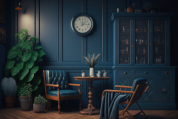 Dark blue home interior with old retro furniture, 3d render Generative AI