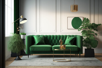 Modern Home interior mock-up with green sofa table, background, 3d render Generative AI