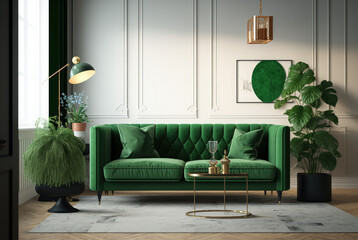 Modern Home interior mock-up with green sofa table, background, 3d render Generative AI