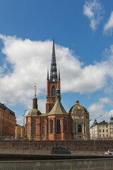 Riddarholmen Church and ornamented spire with scenic street view