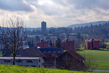Skyline of City of Zürich on a cloudy winter noon seen from hill at district Seebach. Photo taken January 31st, 2023, Zurich, Switzerland.