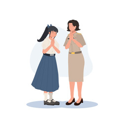 Thai female student in student uniform greeting 