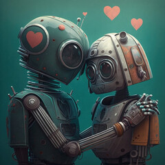 A couple of romantic robot kiss, for theme, backdrop, background, wallpaper, Valentine's Day