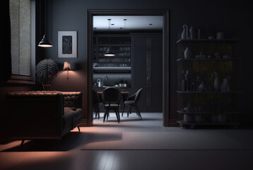Modern dark home living room interior, background, 3d render Generative AI