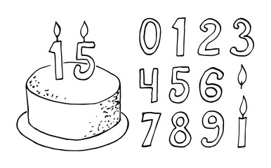 Simple hand drawn vector black outline drawing in doodle style. Birthday cake, burning candles, numbers. Sketch in ink. Celebration, decoration. Sweet pastries, cooking.