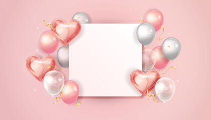 Heart shaped and round balloons on pink background, pink, silver and transparent balloons surround square paper card