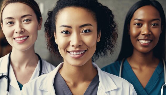 Empowering Women in Workplace Inclusivity: Celebrating International Women's Day with Diversity Equity Inclusion (DEI) in Healthcare Industry with Multiracial Female Physicians Doctors (Generative AI)
