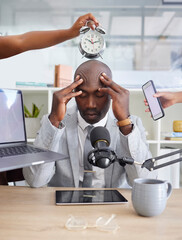 Work chaos, headache and multitasking management of a podcast worker with anxiety. Stress, tired...