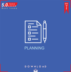 PLANİNG icon vector on blue background. Simple, isolated, flat icons, icons, apps, logos, website design or mobile apps for business marketing management,
UI UX design Editable stroke.EPS10
