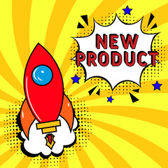 Comic book explosion with text New product, vector illustration.  Vector bright cartoon illustration in retro pop art style. New product in pop art style. Creative poster, web banner