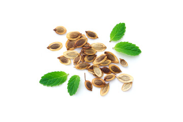 Pile of dry dill seeds with mint leaf isolated on white background , top view , flat lay.