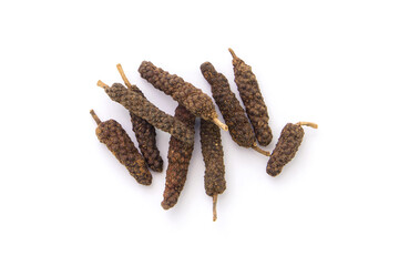 Long pepper isolated on white background , top view , flat lay.