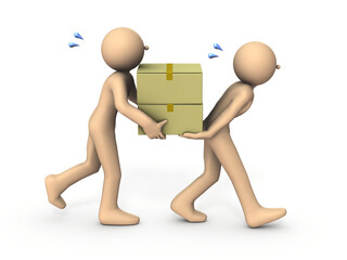 ダンボールを協力して運ぶ二人のキャラクター