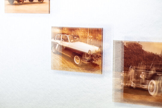 Lipetsk, Russia - January 23, 2023: Photo of a retro car on the wall in the Autolegend museum.