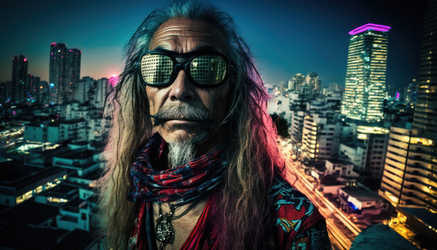 A fictional person. Cyberpunk old stoner at rooftop. Generative AI