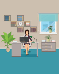 office employee sitting at a working place table with a laptop businesswoman character office interior